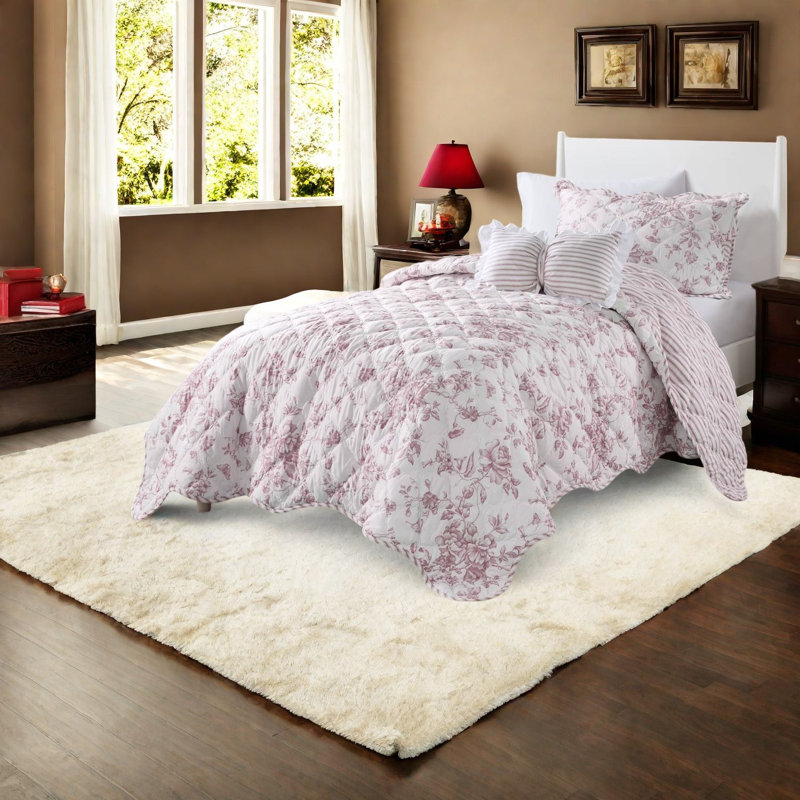 Ensemble de literie moderne en microfibre pour lit simple matelassé réversible floral rose TG