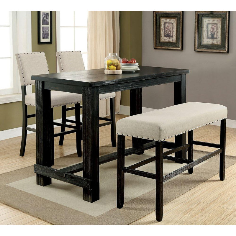 Antique Black Bold Distressed 1Pc Bar Table Dining Room Furniture Center Beam For Support / Footrest High Counter Table