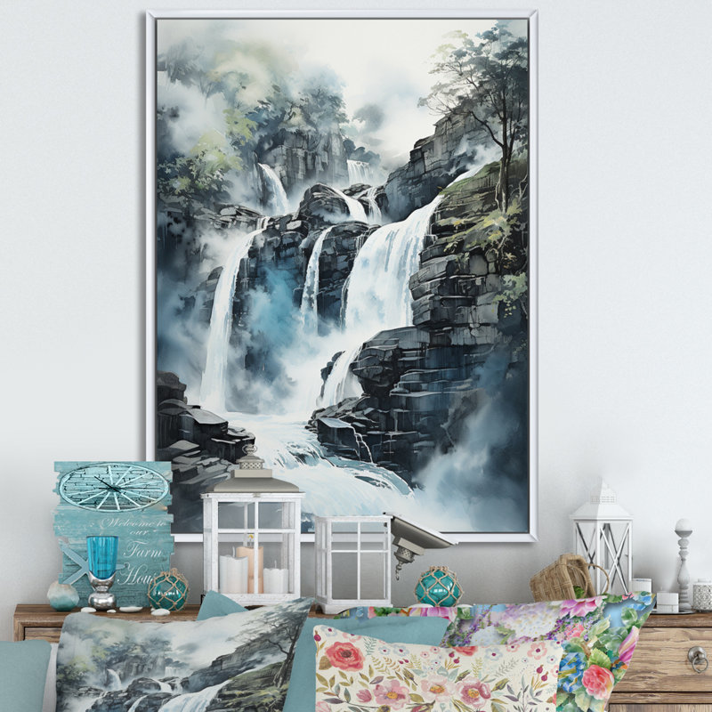 Waterfall Endless Waterfall Journey II - Décoration murale paysages, Cadre flottant blanc, H 40 po x l 30 po x P 1,5 po