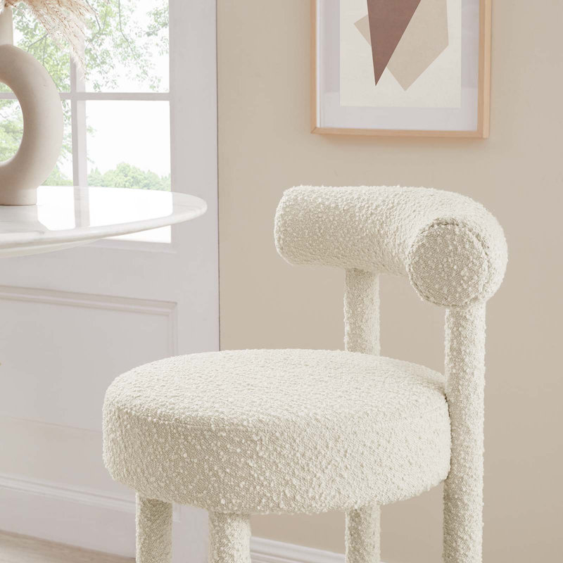 Ivory Boucle Fabric Bar Stool with Metal Stretcher, 30" Seat Height