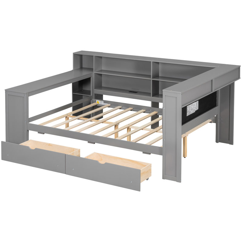 Structure de lit double en bois avec tablettes de rangement, ports de chargement, DEL, bureau et tête de lit tapissier gris avec plateau en bois, 8 coussins rembourrés et rembourrés