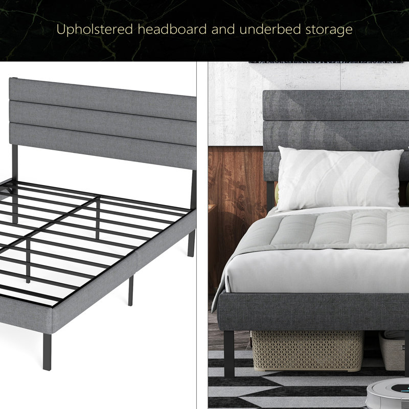 Upholstered Platform Bed Frame - With Headboard, No Box Spring Needed, 14'' Underbed Storage, Full, Gray
