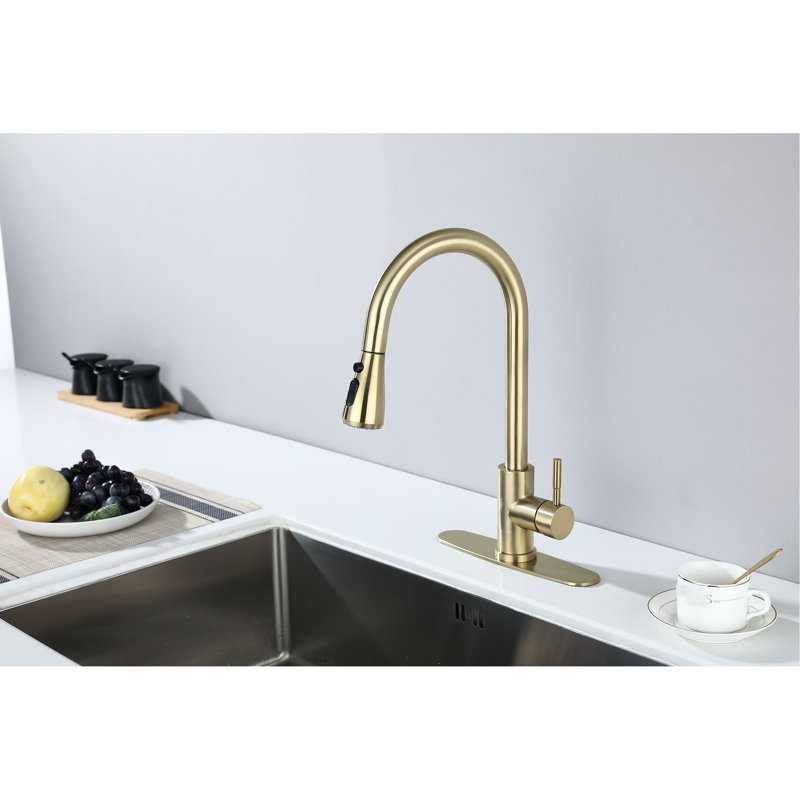 Pull Out Spray Kitchen Faucet In Brushed Gold, Stainless Steel Substance, 360 Rotating Nozzle, Corrosion & Rust Prevention Feature