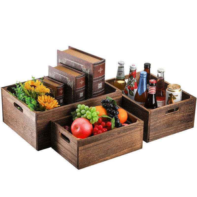 Ensemble de 3 caisses de rangement gigognes en bois avec poignées, panier de rangement en bois massif naturel fait à la main