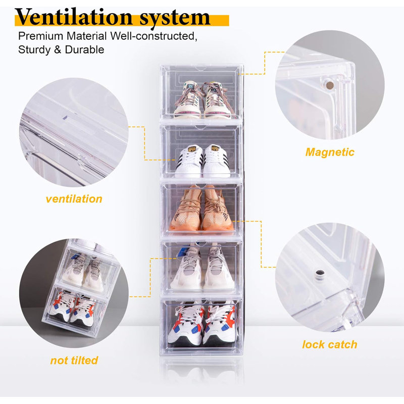 Shoe Box,Set of 6,Stackable Plastic Shoe Box with Clear Magnetic Door, Shoe Storage Box Clear Shoe Box Drop Front Display Sneakers,Easy Assembly,Fit up to US Size 12(13.4”x 10.6”x 7.4”)