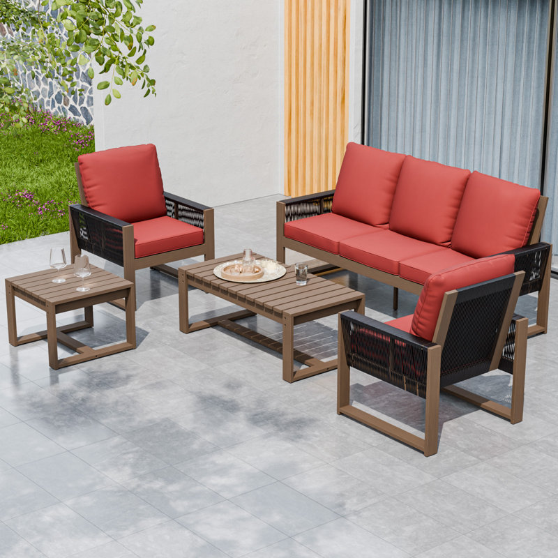 5-Person Patio Sofa Seating Group Cedar Wood Frame Brown Wicker with Cushion, Coffee Tables, Red