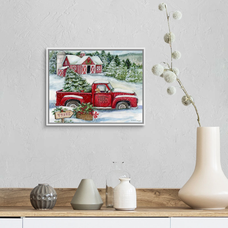«Christmas Tree Farm» par Susan Winget - peinture sur toile tendue, H 12,25 po x l 15,25 po, Cadre blanc