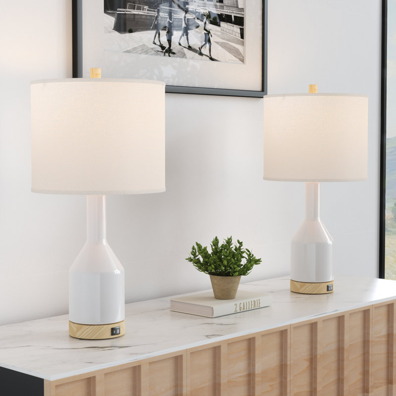 Conyers 24 in. Vintage Adjustable Temperature Ceramic Solid Wood For Bedroom/Living Room Bedside Desk Nightstand Table Lamp With Linen Drum Shade Lantern And USB Port