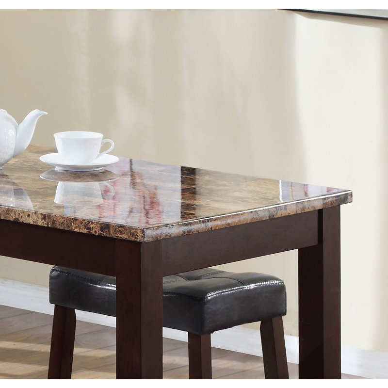 Table pour petit déjeuner 3 pièces à hauteur de comptoir en marbre à imprimé brillant avec tabourets, espresso