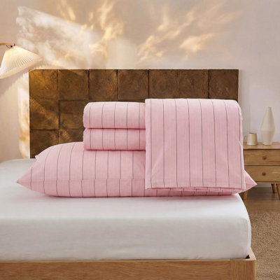 Pink Pinstripe Sheet Set Queen Size - 100% Cotton Striped Bedding 4 Pieces, Soft Breathable Percale Weave, 17.5” Deep Pocket, Luxury Linen Like, All Season Comfort