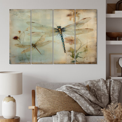 " Vintage Painting Of Dragonfly Flying I " 4 - Pieces