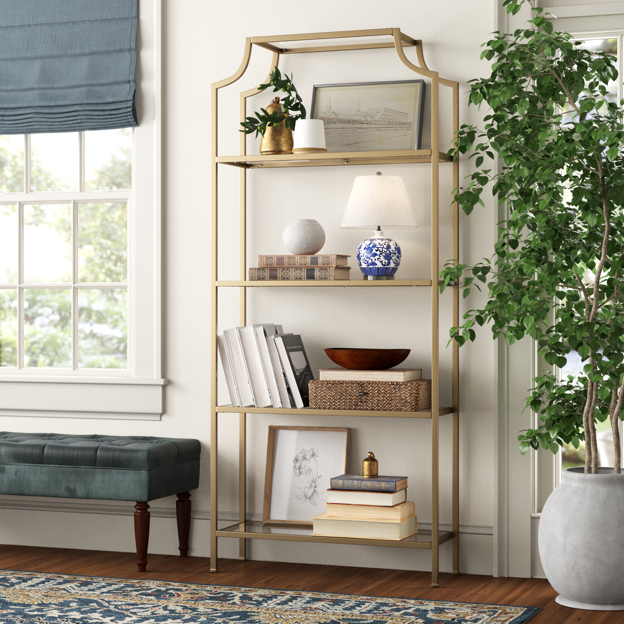 5 Shelf Etagere Arched Bookcase, 72Tall Metal Bookshelf with Wood Shelving, Gold / Black - 2 PC