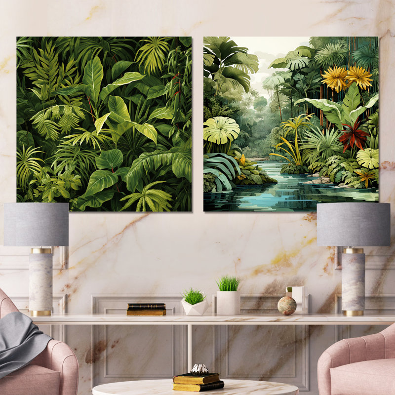 «Rainforest Jungle Plants Landscape I - Jungle», ensemble de 2 reproductions d'art sur toile, Toile tendue