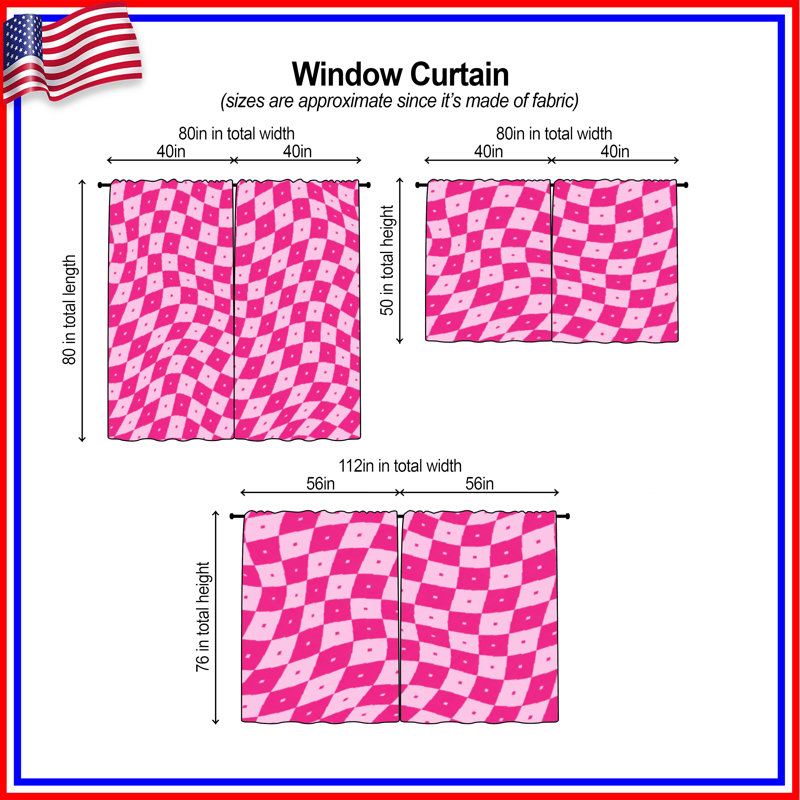 Pink Wavy Checkered Pattern Window Curtains Checkered Sheer & Room Darkening - 2 Panels, 20in x 50in - 2 panels