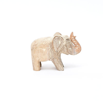 Sculpture d'éléphant en bois sculptée à la main | Figurine éléphant en bois de manguier blanc | Statue rustique animal de ferme pour tablette | Plateau de table et décoration intérieure | 7,75 po x 2,75 po x 5,5 po