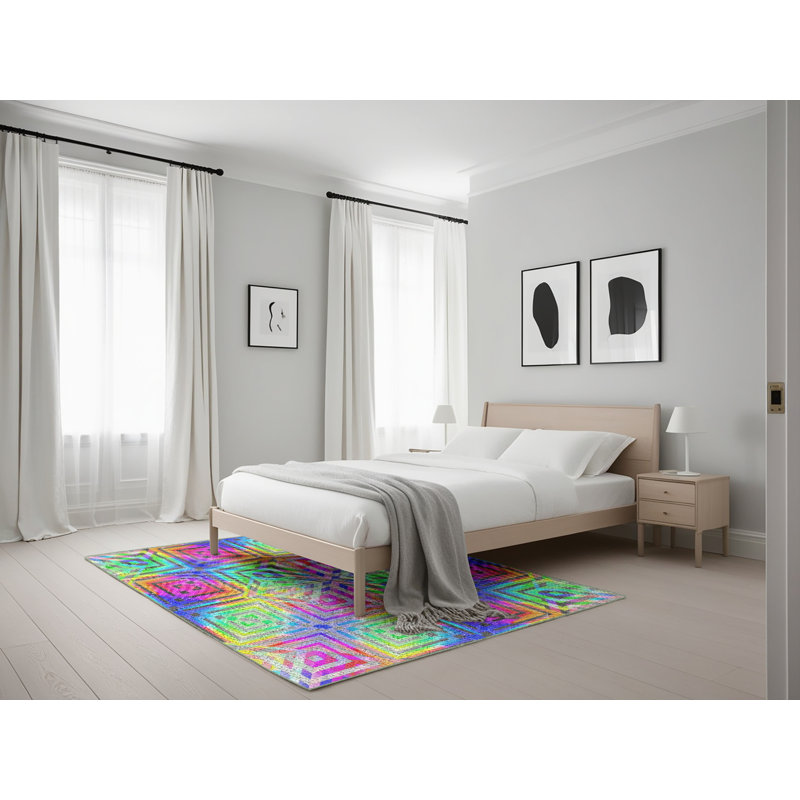 Tapis vert/rose/bleu à motif, Rectangle 5 pi x 7 pi