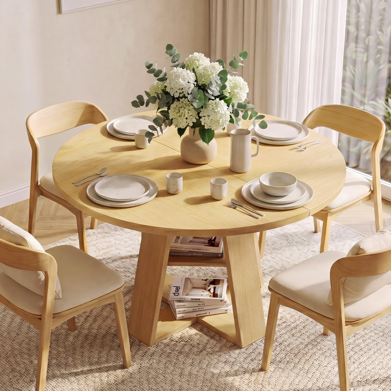 Table de salle à manger ronde avec tablette de rangement, table à piédestal en bois pour 4 personnes de 47 po avec base en croix, table de cuisine compacte pour petits appartements, salle à manger, cuisine avec coin repas, finition en bois naturel, assemblage facile