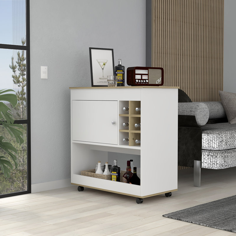 Bar Cart Aloha, Lower Panel, Six Bottle Cubbies, One Cabinet, White