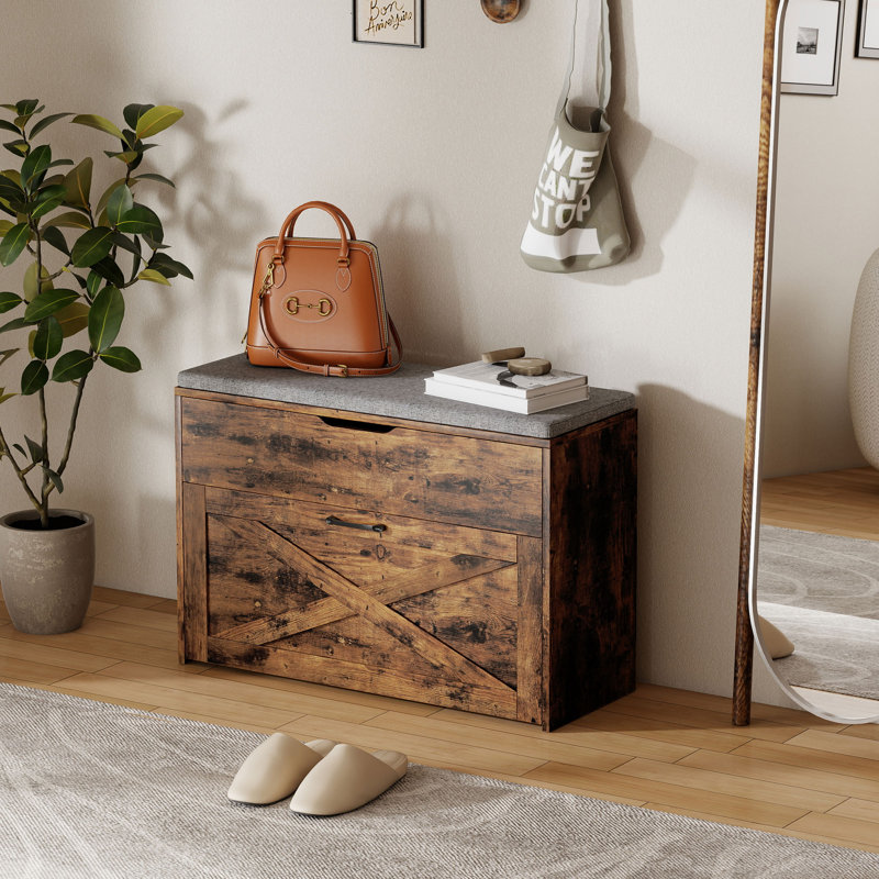 Banc à chaussures avec tiroir rabattable, banc d'entrée à coussin relevable, brun, Brun rustique