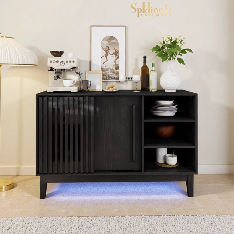 Buffet 47,3 "noir avec rangement, 2 portes et pieds en bois massif Farmhouse - Console multimédia polyvalente pour la cuisine, la salle à manger, le salon, le vestibule et le couloir