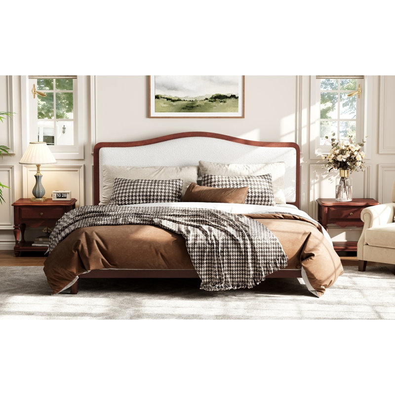 Lit plateforme très grand avec tête de lit tapissier, structure espresso et tissu blanc, Très grand lit, Espresso