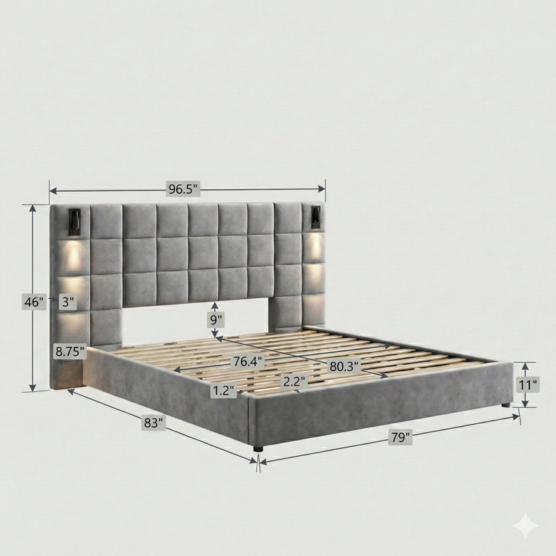 Une base de lit très grand avec une large tête de lit tapissier en velours gris, comprenant des appliques murales intégrées et des ports de charge USB.