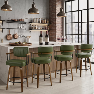 Tabouret de bar pivotant à 360 ° Zeinab avec accoudoirs en bois enveloppant, base en bois cintré à large portée et coussin épais de 4 po, supporte 350 lb (ensemble de 4)