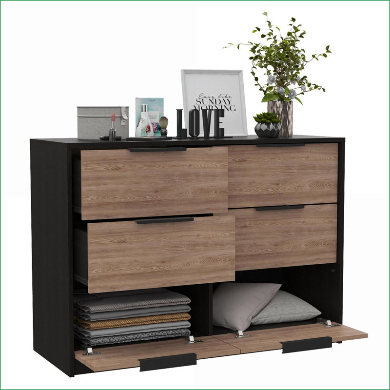 Commode 4 tiroirs et 2 commodes modernes de 42,1 po de largeur noir / pin | Multicolore | Panneau de particules, Brun