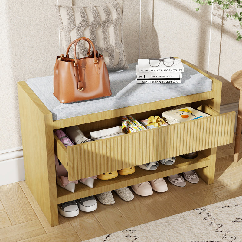 Banc de rangement rembourré pour chaussures, Natural Wood