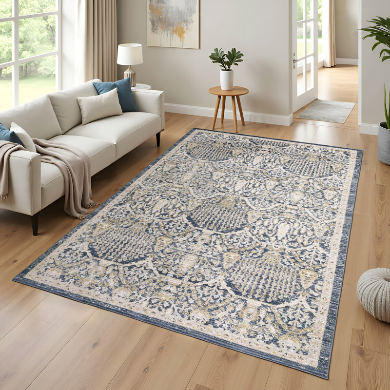Tapis bleu marine / doré Goulart, Rectangle 9 pi 10 po x 13 pi 1 po