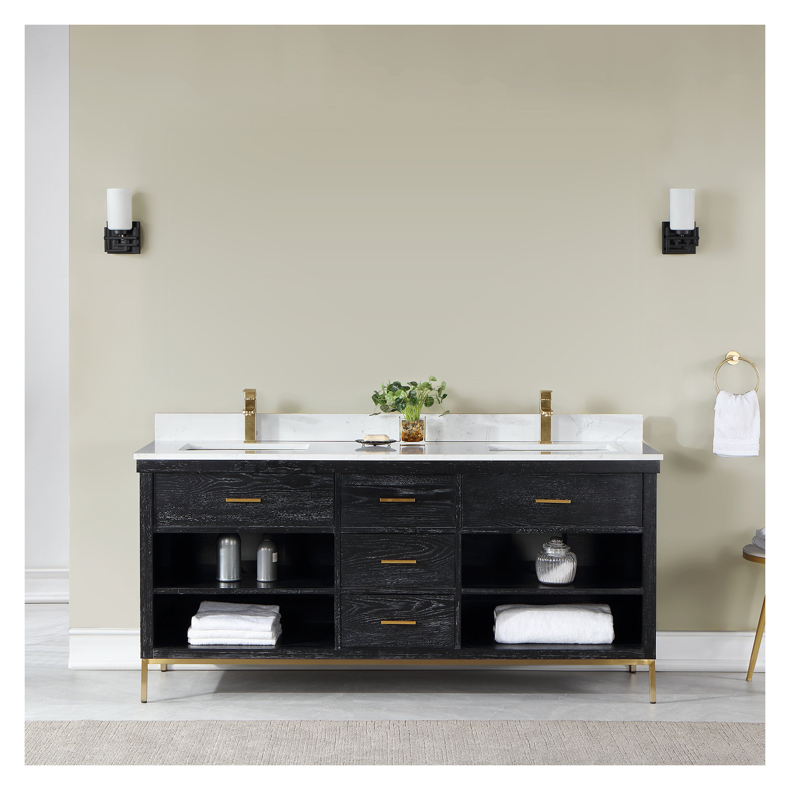 Adaire 72'' Double Bathroom Vanity, Black, Gold