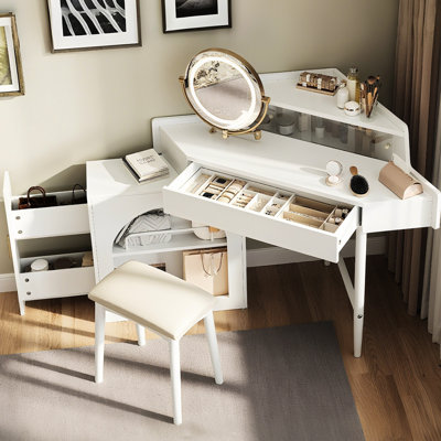 Corner Makeup Vanity Desk With Adjustable Folding Mirror, 3-color Led Lighting, Adequate Storage And Stool