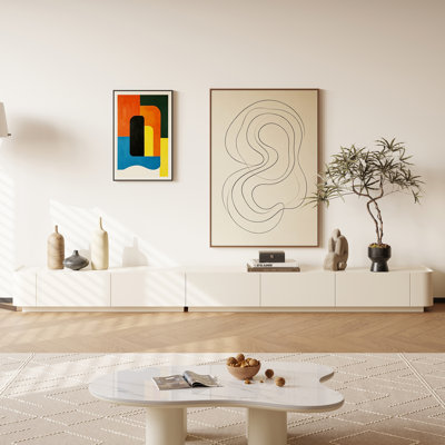 Meuble télé minimaliste, aucun assemblage requis, console multimédia longue avec tiroirs de rangement cachés