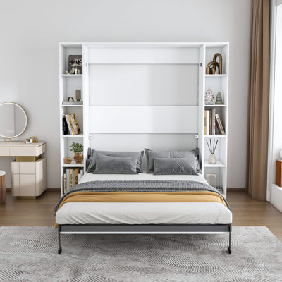 Grand lit escamotable pliable blanc avec armoire de rangement et support en bois massif