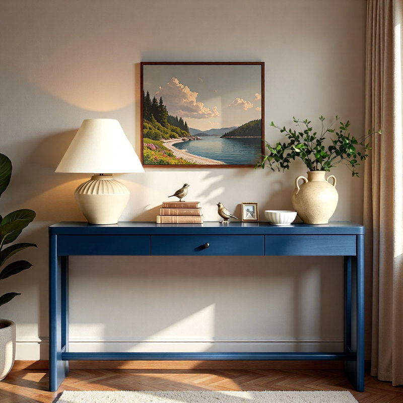 Console rétro avec tiroir, poignée ronde et pattes ajustables, Marine, Marine, Navy Blue