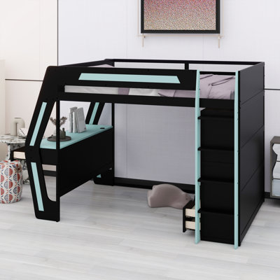 Gamer Loft Bed Frame with Desk, Smart RGB Lighting System, USB Charging, Storage Shelves and Safety Staircase