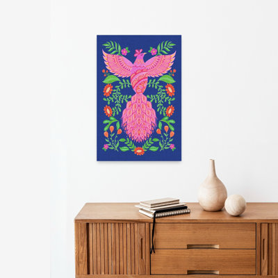 Pink Phoenix Folk Art Colorful Vibrant Whimsical Bird Nature Flower Wall Art Print 1 Piece Wrapped Canvas Wall Art