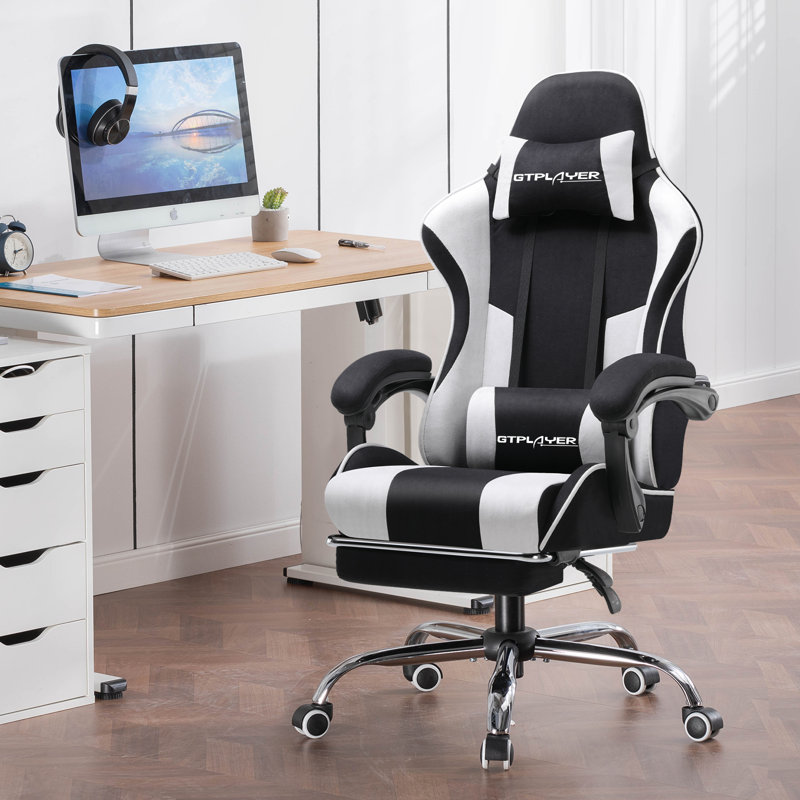 LUCKRACER Adjustable Reclining Ergonomic Swiveling PC & Racing Game Chair with Footrest, White, Fabric