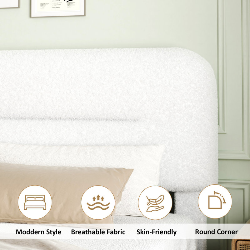 Haden Lambswool Boucle Upholstered Platform Bed Frame with Adjustable Headboard, White, Queen
