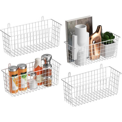 Wire Basket 4-Pack – White – Extra Large Hanging Wall Organizer, Wall-Mounted Storage Baskets, Rustic Farmhouse Shelves For Home, Kitchen, And Bathroom
