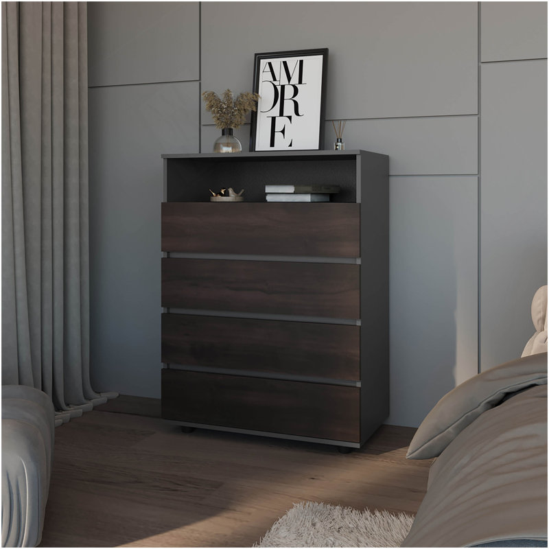 Commode 4 tiroirs avec tablette ouverte, noyer teint