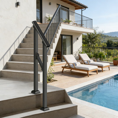 Outdoor Stair Handrail Kit For 1-2 Steps, Heavy-Duty Transitional Steel Railing With Installation Hardware, Safety Rail For Seniors, Concrete Porch Deck And Steps