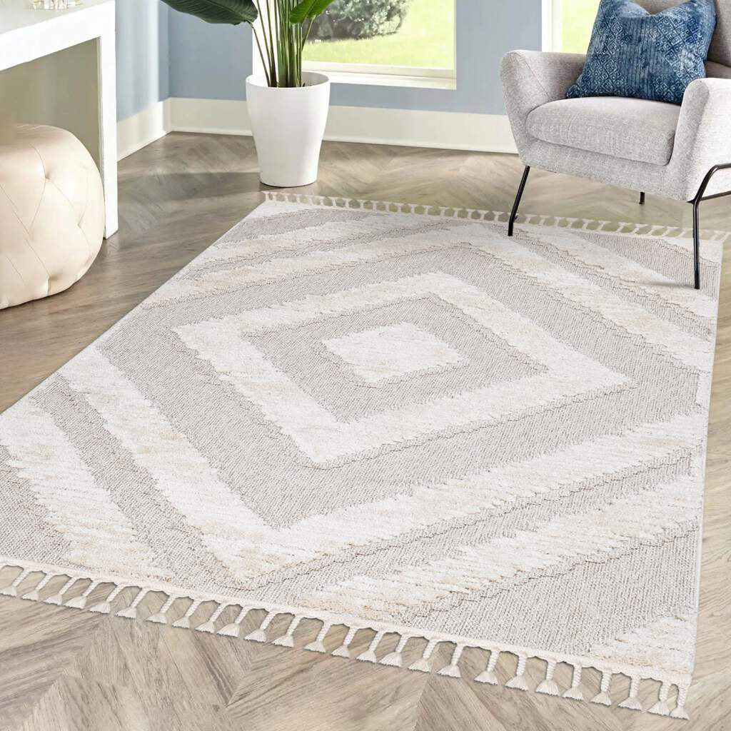 Teppich Wohnzimmer Boho-Stil Creme Graublau Rauten-Muster Relief-Optik 3D-Effekt Cut-&Loop Sisal Moderne Fransen Ackeron