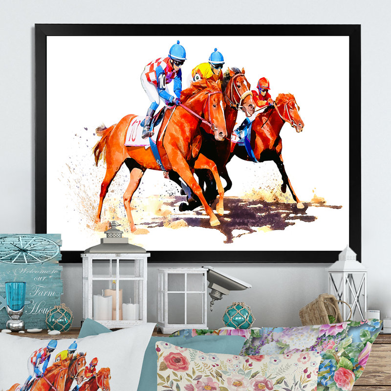 «Three Jockey Racing Horses Racinging», reproduction d'art sur toile, Toile avec cadre noir, H 8 po x l 12 po x P 1 po