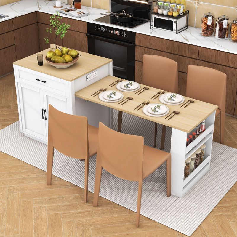 Dionigio 83" Kitchen Island Set with Extendable Dining Table, Power Outlets and Storage Cabinet, White