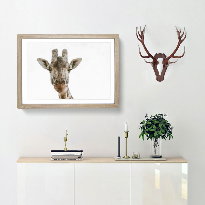 Curious Giraffe - Picture Frame Graphic Art Print, 45cm H x 63cm W x 2cm D, Oak Framed