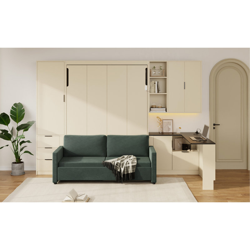 Grand lit escamotable mural avec rangement hydraulique, canapé, tablettes et tiroirs, éclairage DEL / USB, panneau crème, canapé vert