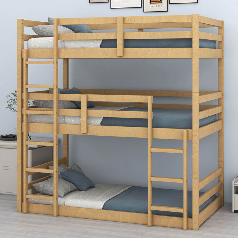 Twin Over Twin Over Twin Rubber Wood Triple Bunk Bed – Two Built-In Ladders, Guardrails & Detachable Design, Natural