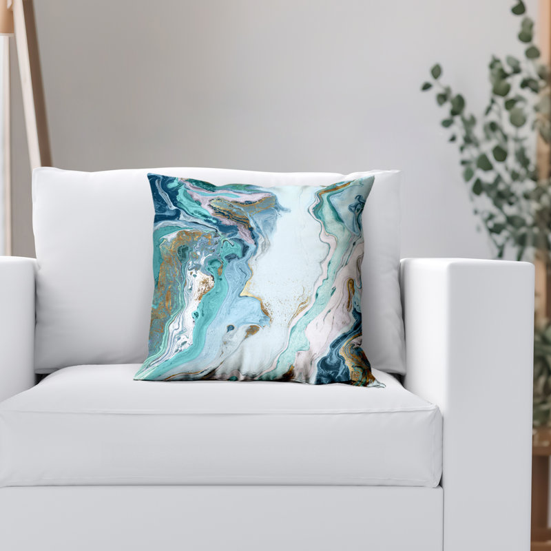 Abstract Marble Design Throw Pillow with Premium Polyester - White and Blue, 16" x 16"