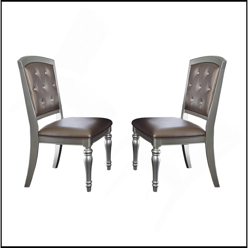 Glamour ensemble de 2 chaises d'appoint en bois à finition argentée avec boutons capitonnés en similicuir capitonnés